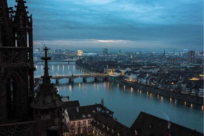The Rhine and its bridges at dusk, seen from high on the Minster